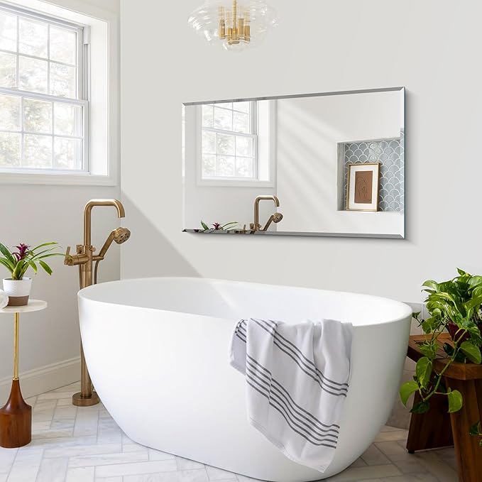 Beveled Bathroom Mirror, 24x40 Large Frameless Mirrors for Over Sink, Upgraded Shatterproof Beveled Frameless Vanity Mirror for Bathroom,Bedroom,Living Room and Entryway