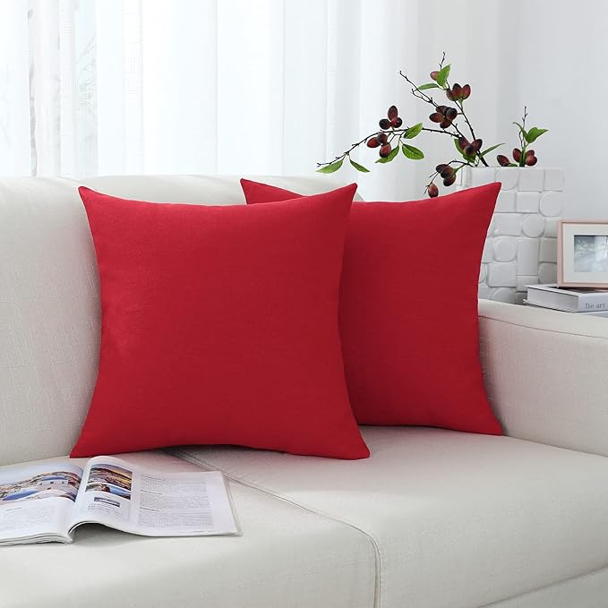 Jeneoo Decorative Christmas Red Throw Pillow Covers Rustic Farmhouse Square Linen Burlap Soft Comfy Solid Cushion Couch Cases for Sofa Living Room (Set of 2, 20 x 20 Inches)
