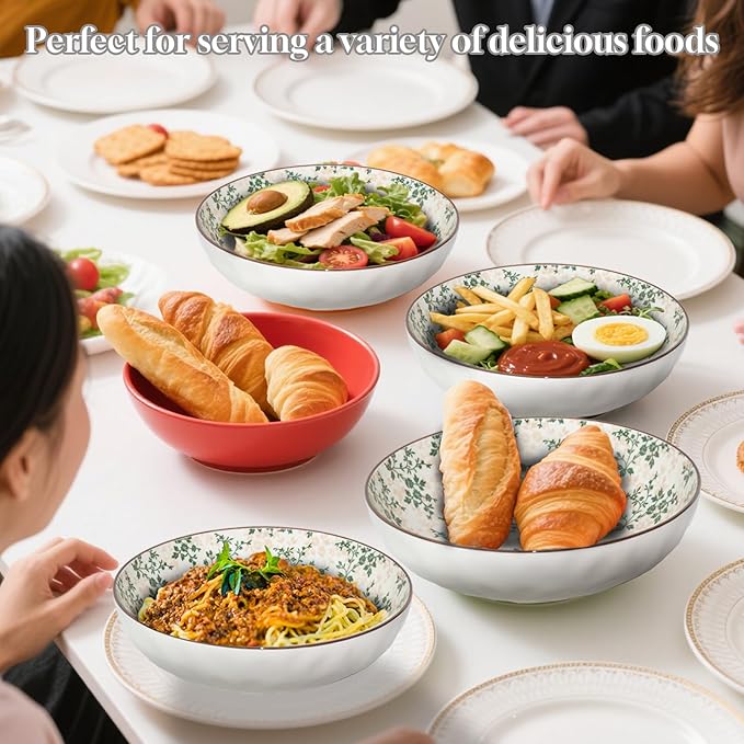 Large Serving Bowls, 78Oz Extra Large Salad Bowls Set of 2, Green Floral Pattern Design Decorative Bowls for Salad, Fruit, Pasta and Dinner, Serving Dishes Set for Party (Green Floral of 2)