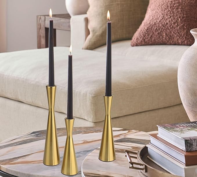 Vixdonos Brass Gold Taper Candle Holders Metal Candlestick Holders Set of 3 Table Mantel Decorative Candle Stand for Dinning,Party，Wedding,Home Decor(Brass Gold)