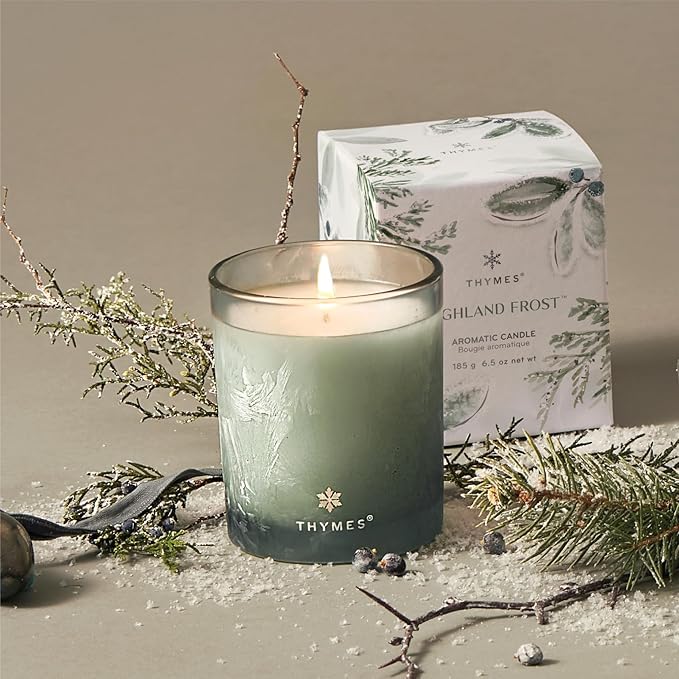 Thymes Scented Candles for Home Decor - Luxury Home Fragrance Gifts for Women & Men - Winter Candles with Crisp Notes of Sage, Eucalyptus, & Cypress Needles - Sage-Green (Highland Frost, 6.5 oz)