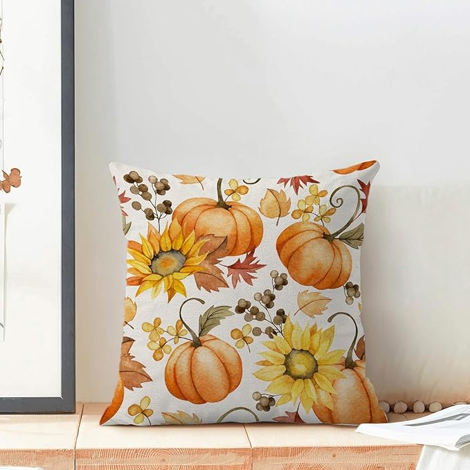 Fall Pillow Covers 18 x 18 Inch, Burnt Orange Pumpkin Yellow Floral Decor Throw Pillows for Home Couch Bed, Autumn Harvest Thanksgiving Decorative Pillowcase Linen Cushion Cover Set of 2
