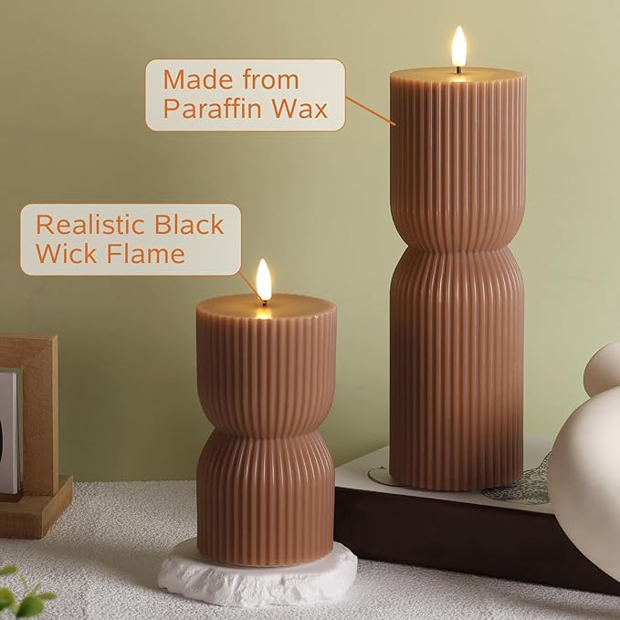 Brown Ribbed Flameless Pillar Candles with Remote, Real Wax Flickering Fall Battery LED Candles Set of 2