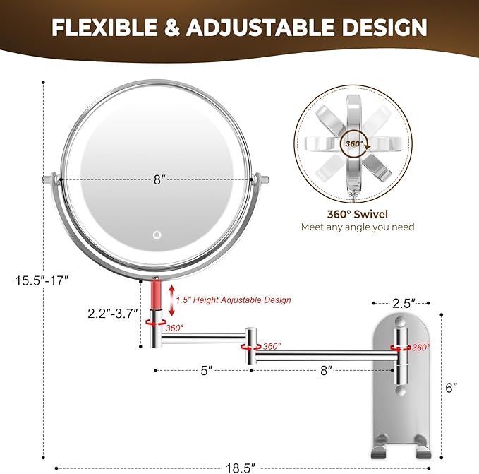 8" Wall Mounted Lighted Makeup Mirror, 3000mAh Rechargeable Double Sided 1X/10X Magnifying Mirror with Hook,3 Color Lights Dimmable 360° Rotation Vanity Mirror for Bathroom