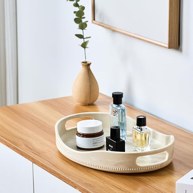 Beige Travertine Marble Serving Tray with Handles - 14x10 inches, Beaded Oval Decorative Tray, Countertop Ottoman Tray for Vanity, Living Room Entryway Table, Perfume Candle Display