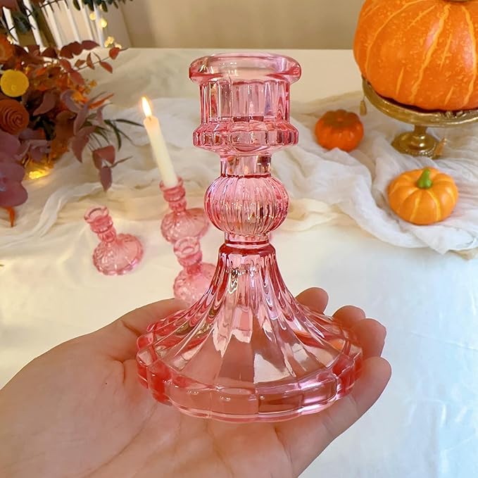 Glass Candlestick Holder,Striped Taper Candle Holders,Set of 6 Candle Stand for Table Centerpieces, Home Decor,Weddings,Festival and Parties (Peach Red Stripe Pattern)