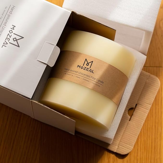 MOZEAL Extra Large 3 Wick Ivory Pillar Candle, 6" x 6", Unscented, Dripless, Smokeless, and Clean-Burning. Approx. 120 Hours of Burn Time. Perfect for Weddings, Dinners, Christmas and Home Decor