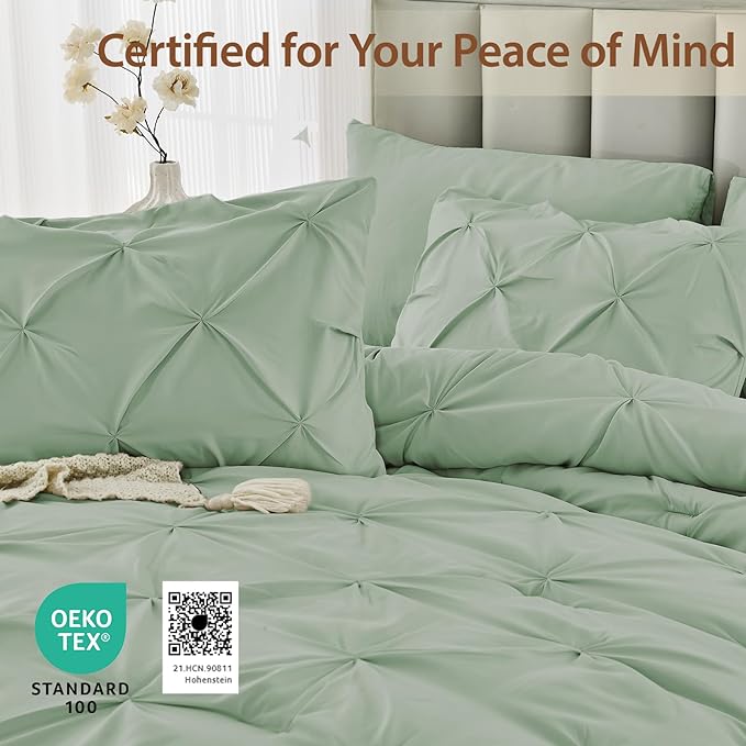 Sasttie King Size Comforter Set, 7-Piece Bed in a Bag, Pintuck Bedding Sets for All Season, Includes Comforter, Flat Sheet, Fitted Sheet, Pillowcases and Pillowshams, Sage