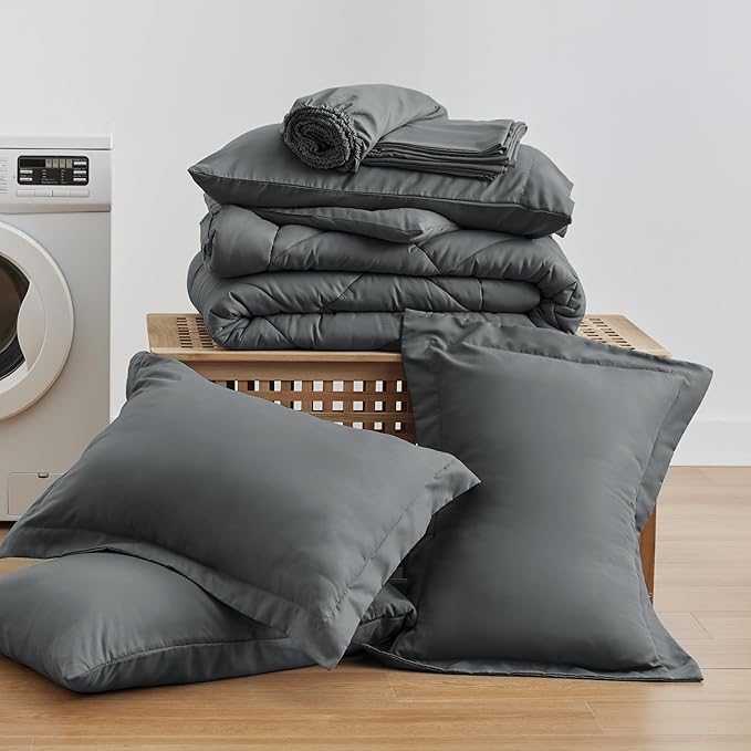 Love's cabin California King Comforter Set Dark Grey, 7 Pieces California King Bed in a Bag, All Season Bedding Sets with 1 Comforter, 1 Flat Sheet, 1 Fitted Sheet, 2 Pillowcase and 2 Pillow Sham