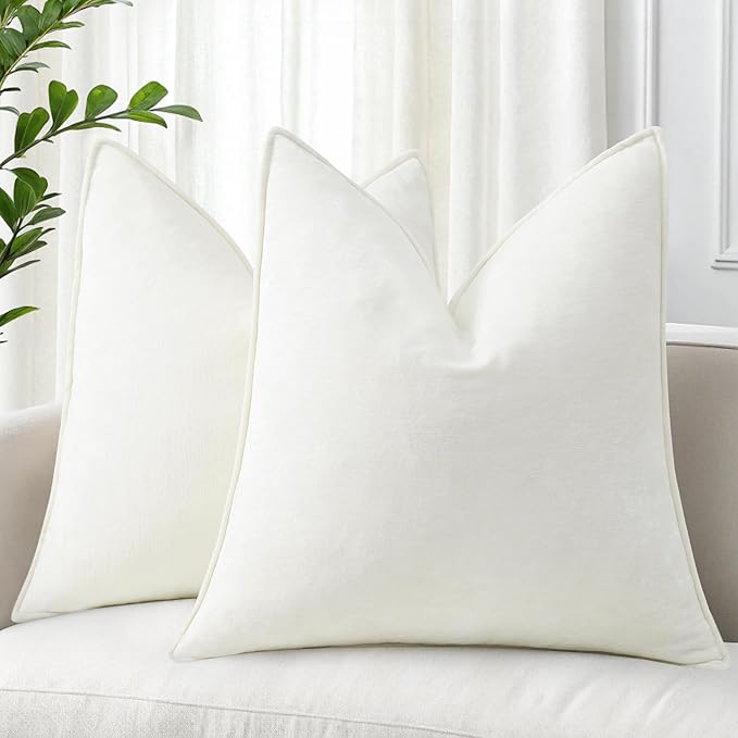 decorUhome Couch Throw Pillow Covers 26x26 Set of 2, Decorative Soft Euro Neutral Chenille Pillow Covers with Elegant Design for Sofa Bed Living Room Home Decor, Cream White