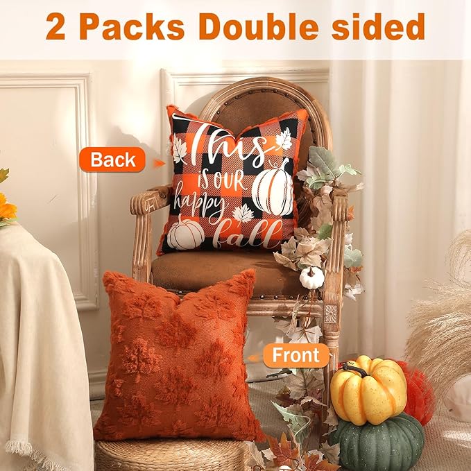 TOYPOPOR Fall Decorations 2 Packs Double Sided Throw Pillow Covers Rust Red Soft Faux Fur Maple Leaf Pillow Case Autumn Harvest Thanksgiving Indoor Outdoor Home Decor for Living Room Porch Couch 18x18