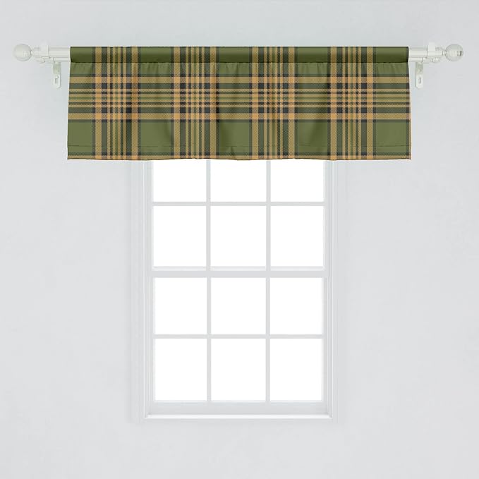 Lunarable Plaid Window Valance Pack of 2, Tartan Pattern in Autumn Tones Old Fashioned Design Country Illustration, Rod Pocket Curtain Valances for Kitchen Bedroom, 54" X 18", Olive Green