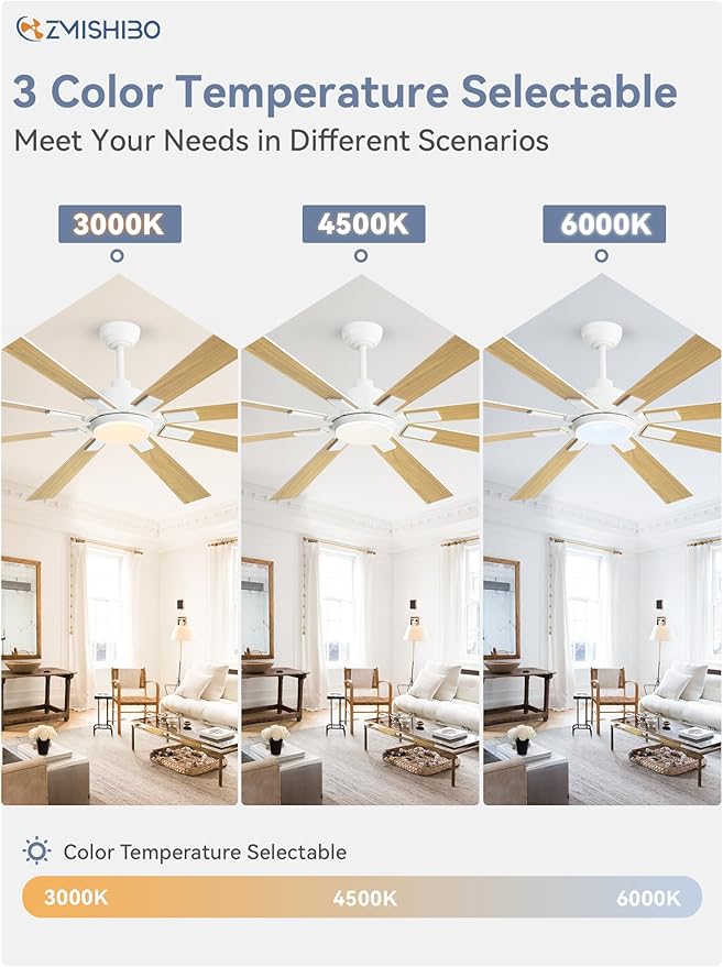 ZMISHIBO 72 inch White Ceiling Fans with Lights and Remote, Indoor/Outdoor Ceiling Fan for Patio Living Room, 6 Speed Reversible Quiet DC Motor, 3 CCT, Dual Finish Blades