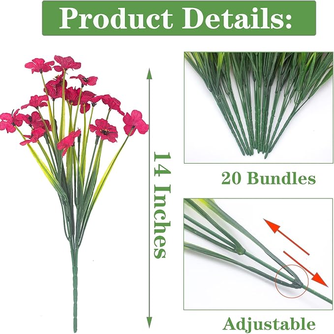 20 Bundles Artificial Flowers, Outdoor Indoor UV Resistant Fake Flowers No Fade Faux Plastic Plants Garden Porch Window Box Decoration