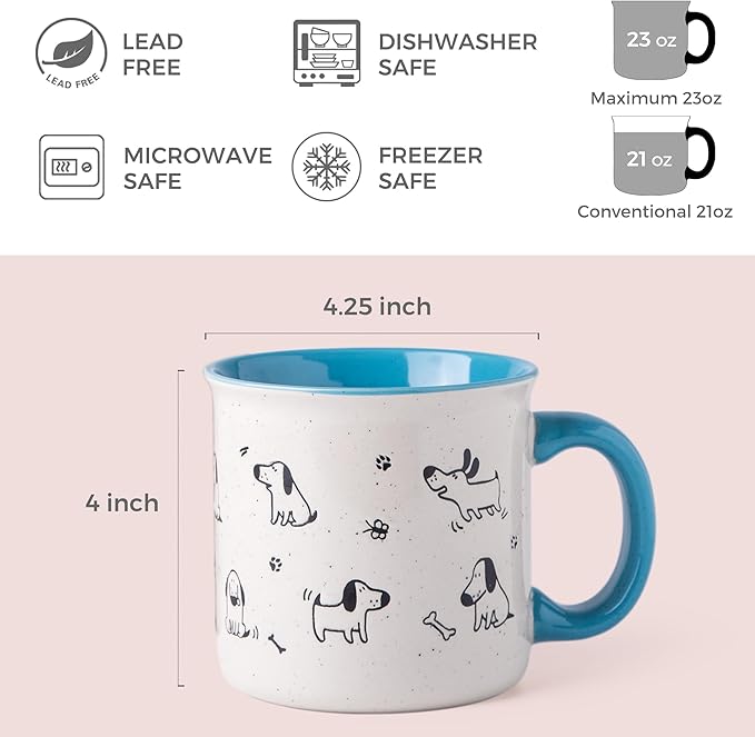 AmorArc 22 OZ Large Ceramic Coffee Mugs Set of 2, Oversized Mugs With Big Handle for Men Women Dad Mom, Big Mug With Textured Dogs Cats Patterns for Office & Home -Microwave Safe, 2 Pcs-Blue