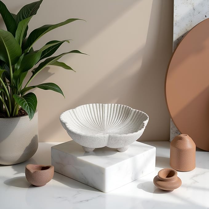 Large Decorative Bowl decor, Scalloped Pedestal Bowls for Modern Home Decor,Ruffle Decor,Stylish Key Bowl for Entry Table,Decorative Fruit Bowl for Kitchen Counter, Light Gray