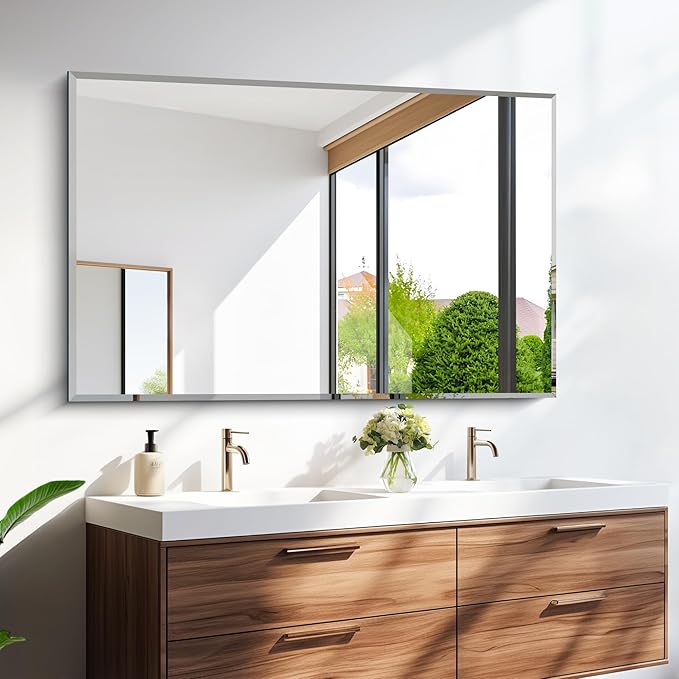Beveled Bathroom Mirror, 30x48 Large Frameless Mirrors for Over Sink, Upgraded Shatterproof Beveled Frameless Vanity Mirror for Bedroom, Living Room and Entryway (Horizontal/Vertical)