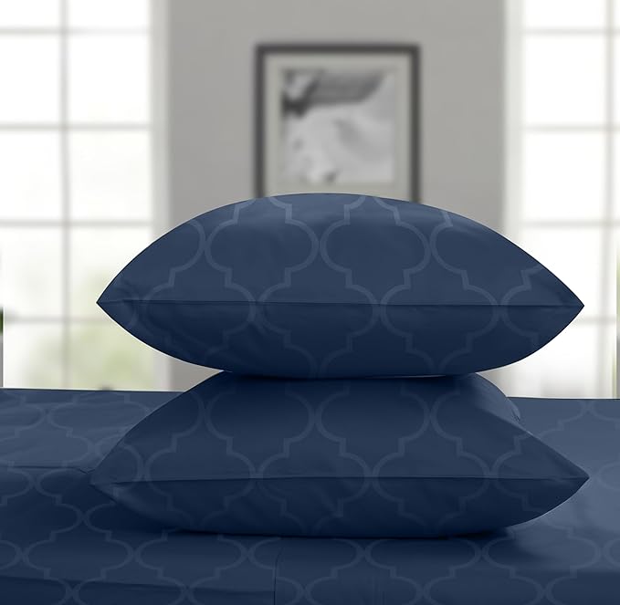 Threadmill Cotton Full Size Sheet Set | 100% Cotton Sheets for Full Size Bed | Damask Jacquard Full Bed Sheets Set with 16” Deep Pocket | Soft Sateen Weave 4-Piece Cooling Bedding Set | Folkstone Blue