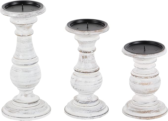 Deco 79 Mango Wood Decorative Candle Holder Turned Style Pillar Candle Stand, Set of 3 Candlestick Holder 10", 8", 6”H, White