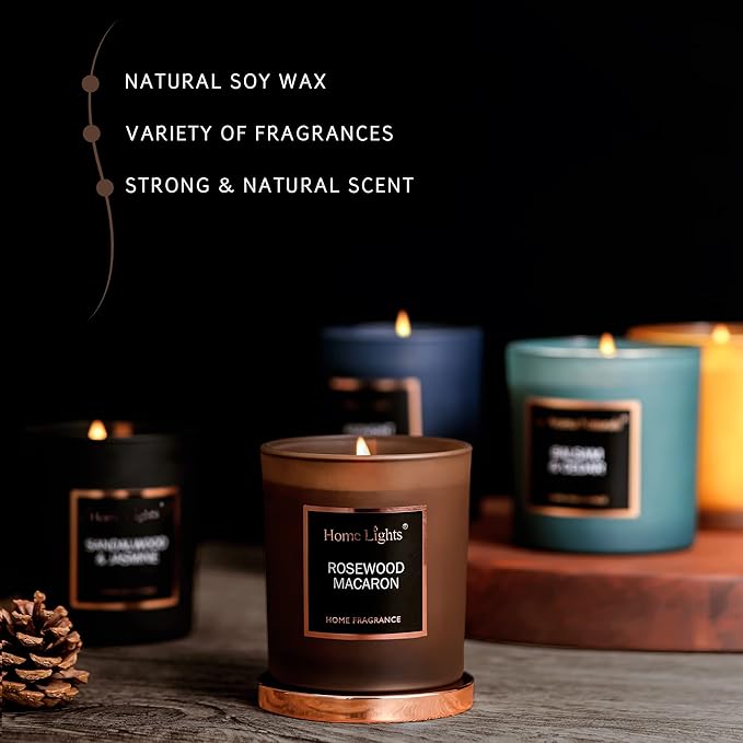 HomeLights Luxury Scented Candle, Natural Soy Wax, Home Fragrance Decor Gift, Rosewood Macaron, Medium Jar
