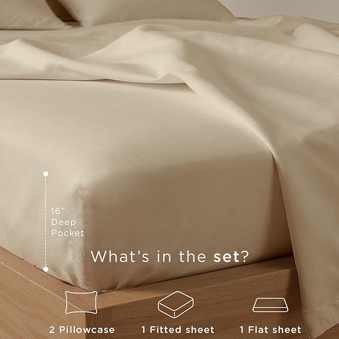 Threadmill Cotton Full Size Sheet Set| 100% Cotton Sheets for Full Size Bed | Solid Sateen Full Bed Sheets Set with 16” Elasticized Deep Pocket | Soft Breathable 4-Piece Cooling Sheet Set | Beige