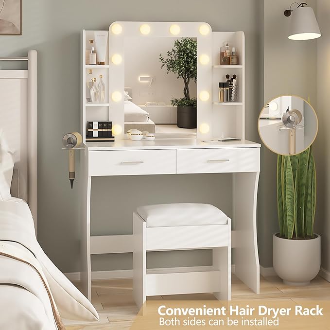 Vabches Vanity Desk with Lights,Makeup Vanity with Power Strip,Dressing Table Set with 2 Large Drawers,Vanity Mirror 3 Lighting Color Adjustable,White