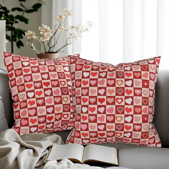 Red Valentines Day Pillow Cover - Pink Heart Love Throw Pillows Covers 16x16 Set of 2 Mother's Day Pillow Cases for Sofa Bedroom