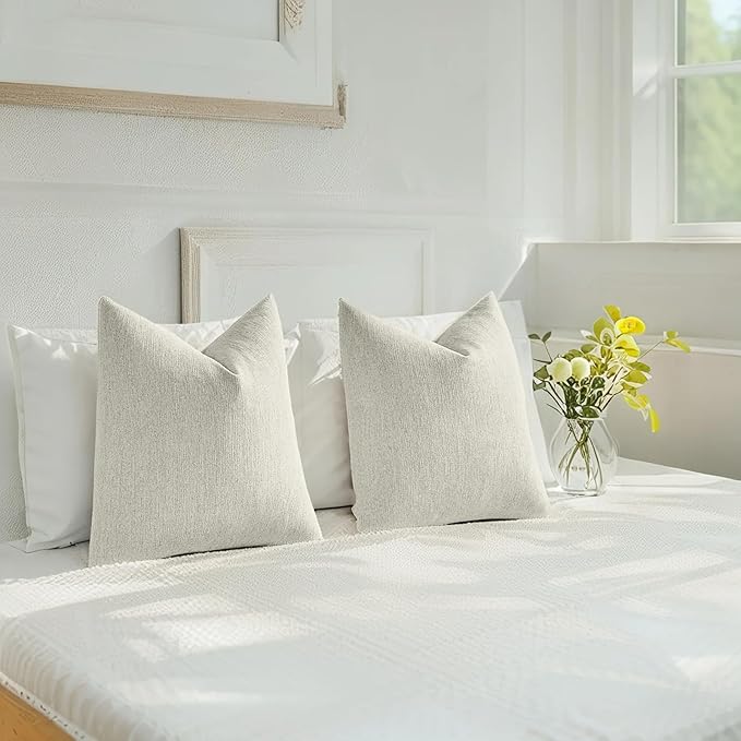 HAUSSY Cream White Throw Pillow Covers 18x18 Inch Set of 2,Boho Decorative Faux Linen Throw Pillows Cozy Farmhouse Accent Cushion Covers,Home Decor for Couch Sofa Bed Living Room