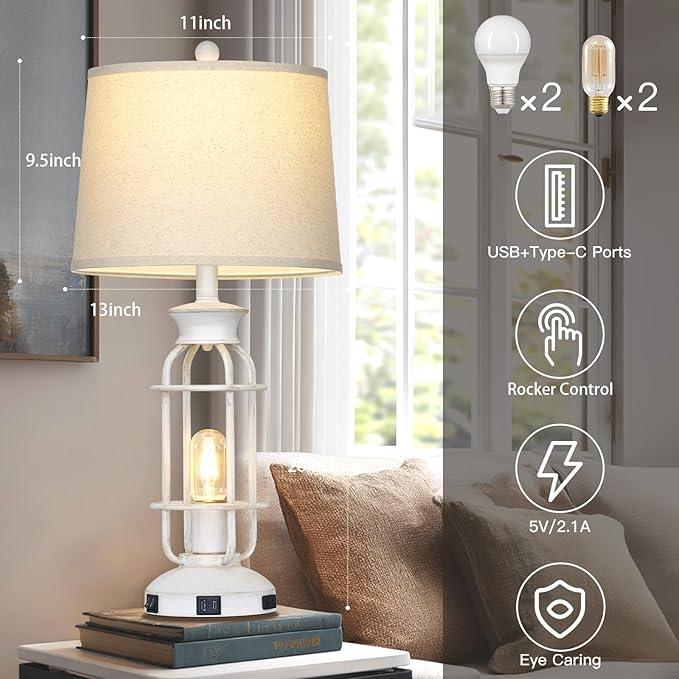28" Vintage Table Lamps with USB C+A Ports & Outlet, Industrial Farmhouse Table Lamp for Living Room, Rustic Mid Century Modern Bedside Lamps with Nightlight & Beige Fabric Lampshade, Oil-Rubbed White