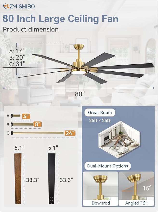 ZMISHIBO 80 Inch Black and Gold Ceiling Fans with Lights and Remote, Indoor/Outdoor Ceiling Fan for Patio Living Room, 6 Speed Reversible Quiet DC Motor, 3 CCT, Dual Finish Blades