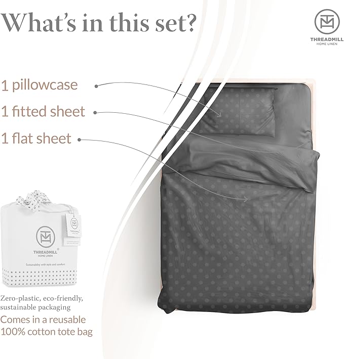 Threadmill Cotton Twin XL Sheet Set | 100% Cotton Sheets for Twin XL Size Bed | Damask Jacquard Sateen Twin XL Bed Sheets Set with 16” Deep Pocket | Soft Breathable 3-Piece Cooling Sheets | Dark Grey