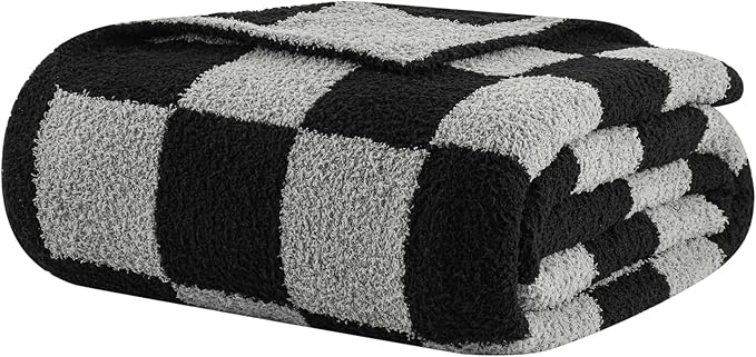 bearberry Fuzzy Checkerboard Grid Throw Blanket Soft Cozy Warm Microfiber All Season Blanket Decor for Couch Sofa Bed Travel Home (Black/Grey, 50''x60'')