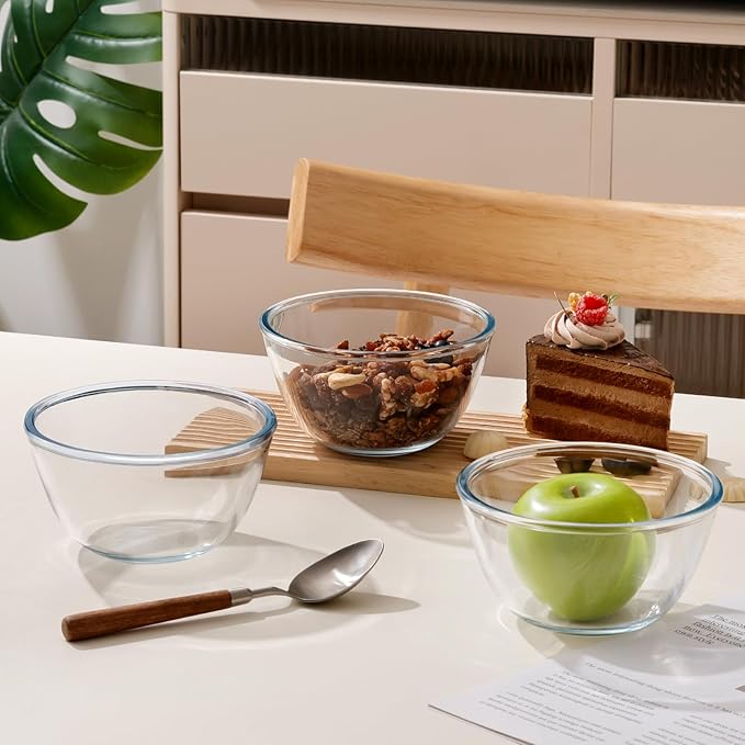 NUTRIUPS 3 Pack 24oz Glass Bowls Set for Cereal and Salad, Small Glass Bowls for Kitchen (5.4 inch)