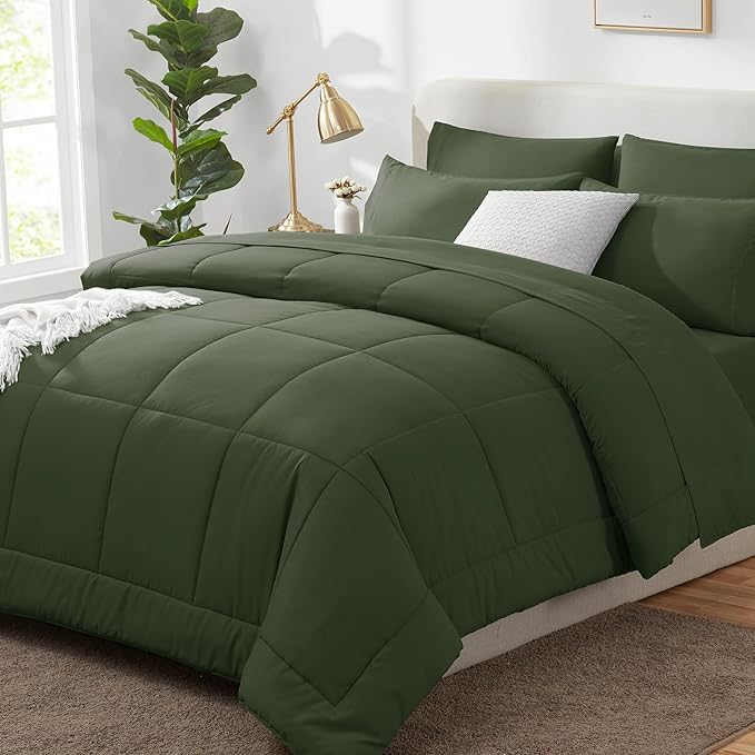 CozyLux Full Size Comforter Sets Olive Green, 7 Pieces Bed in a Bag, Green Comforter Full Size, All Season Bedding Sets with Stitch Quilted Comforter, Flat Sheet, Fitted Sheet, Pillowcases