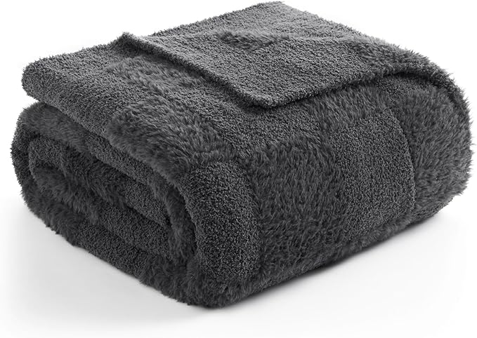 Snuggle Sac Faux Fur Checkered Blanket Twin Size with Soft Knitted Microfiber Fabric,Cozy Soft Warm Blanket for Sofa Bedroom Living Room,Solid Dark Grey,60x80 inches