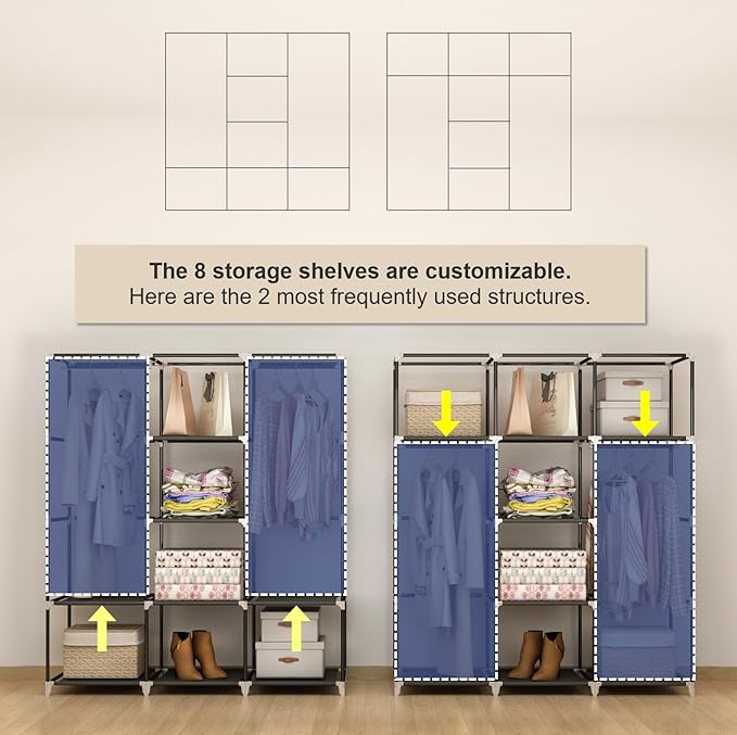 Portable Closet Wardrobe, 51-Inch Clothes Organizer with 2 Hanging Rods and 8 Shelves, Non-Woven Fabric Cover, Medium Capacity Storage for Bedroom and Living Room, Grey