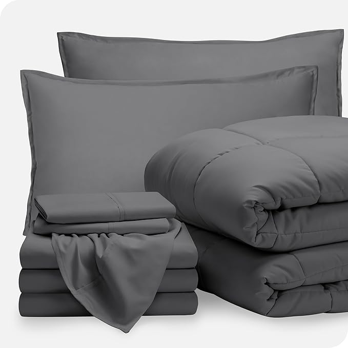 Bare Home Bed-in-A-Bag 8 Piece Comforter & Sheet Set - Split California King - Goose Down Alternative - Ultra-Soft 1800 Premium Bedding Set (Split Cal King, Grey/Grey)