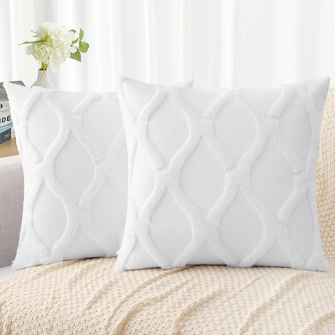 decorUhome Throw Pillow Covers 16x16 Inch Set of 2, Soft Plush Faux Fur Wool Pure White Couch Pillow Covers, Decorative Neutral Pillow Cases for Bed Sofa Living Room Home Decor
