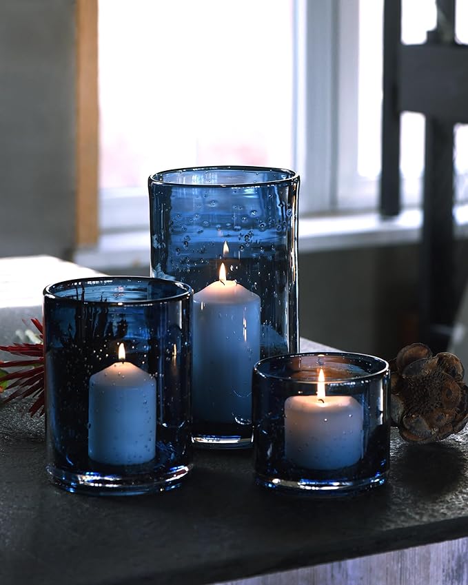 ARIAMOTION Glass Hurricane Candle Holders Bulk for Pillar Blue Seeded Bubbles Cylinder Table Centerpiece Modern Rustic Vases Home Decor 10" 7" 4" Set of 3