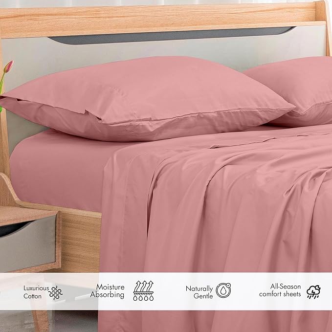 Royale Linens 300 Thread Count 100% Long Staple Combed Cotton Flat Sheet - Super Soft - Top Sheets - Full Flat Sheet Sold Separately - Breathable, Cool & Crisp Percale Sheets Only (Full, Pink)