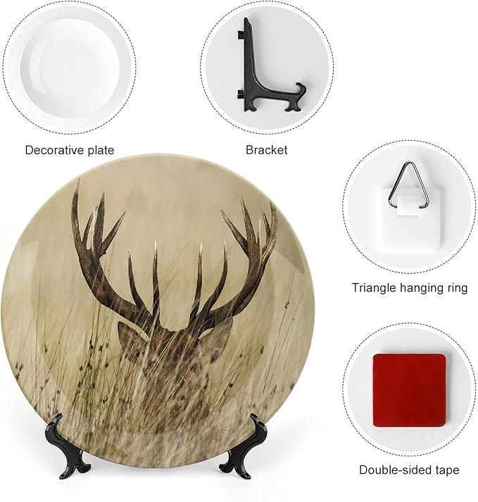 XISUNYA 10 Inch Decorative Plate, Antler Round Porcelain,Whitetail Deer in Wilderness Stag Countryside Rural Hunting Print Ceramic Display Plate for Decorative Ornaments Giving Plates