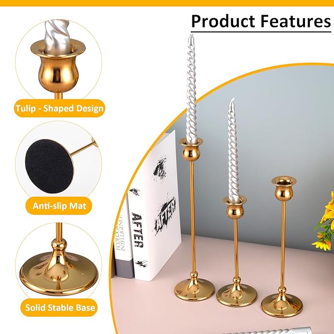 Taper Candle Holder Tall Vintage Metal Candlestick Holders Candle Stick Candelabra for Halloween Thanksgiving Christmas Holiday Wedding (Gold, 2 Sets (6 pcs))
