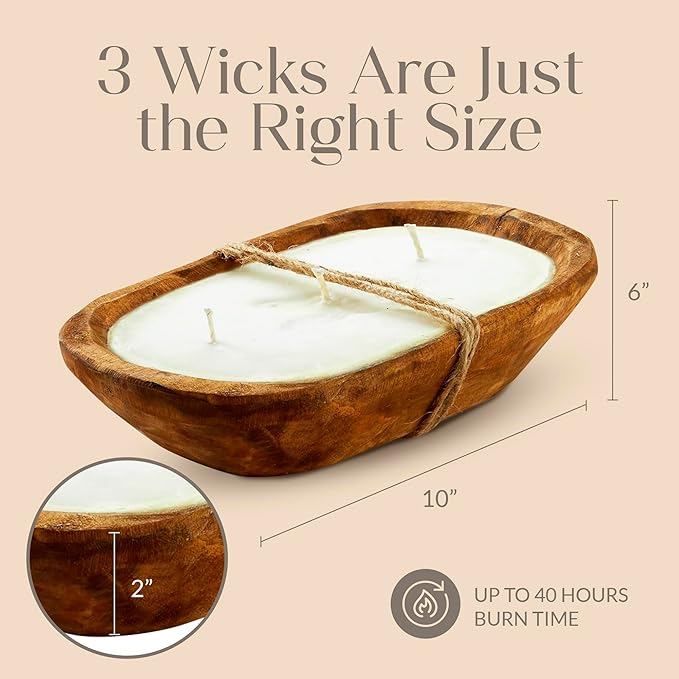 Dough Bowl Candle Co. Mandarin Cranberry Soy Candle - 3 Wick Rustic Farmhouse Coffee Table Decor, Odor Eliminator in Wooden Bowls, 20 Ounce Wooden Dough Bowl Candle, All-Natural Gifts for Women or Men