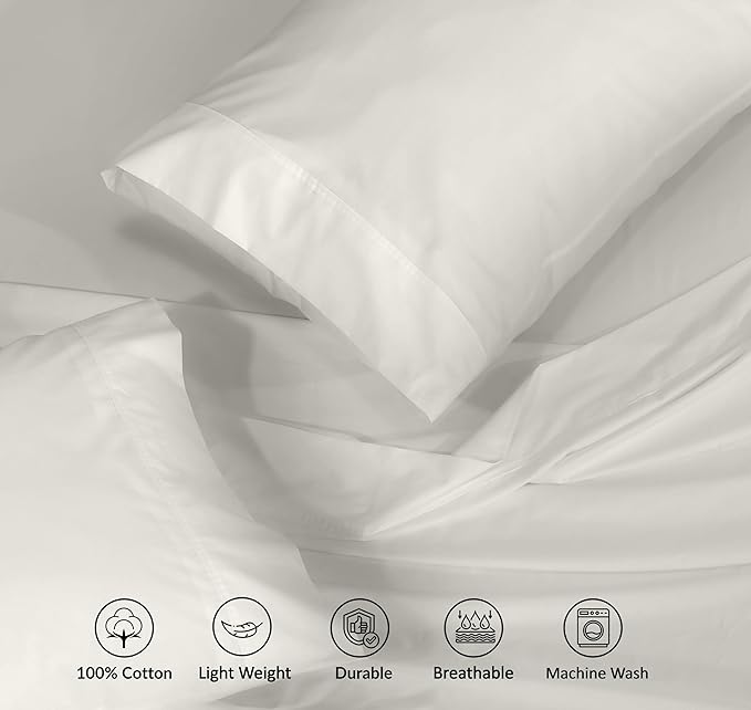 RUVANTI 100% Cotton King Size Sheets Set, 4 Pieces, Soft & Breathable Percale Weave Bedding, Deep Pocket 16", Hotel Standard, Crisp Cool Feel, Durable, Perfect Dyed Bed Sheet, Ivory