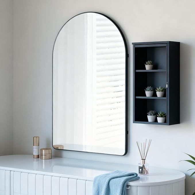 24x36 Inch Premium Black Arched Mirror Shatter Resistant No Distortion Luxe Brushed Metal Frame Arch Mirror for Bathroom Vanity Modern Wall Decor