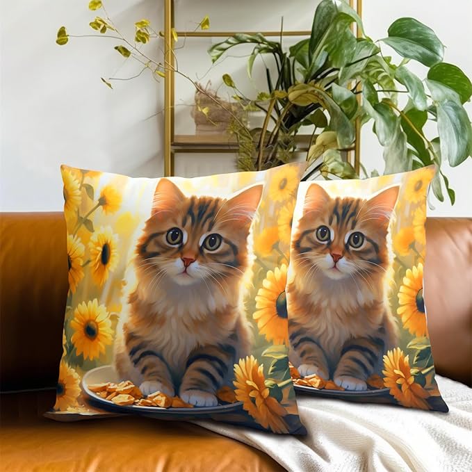 Cute Cat Sunflower Pillow Covers - Sunflowers Throw Pillow Cases 16x16 Inch Set of 2 Kitten Pet Cushion Cover for Couch Bedroom Indoor Outdoor