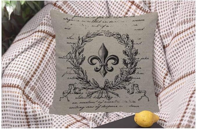 WONDERTIFY Throw Pillow Cover Case Fleur De Lis Flower Vintage Style with Retro Letter - Soft Linen Pillow Case for Decorative Bedroom/Livingroom/Sofa/Car - Couch Pillow Cushion Covers 18x18 Inch