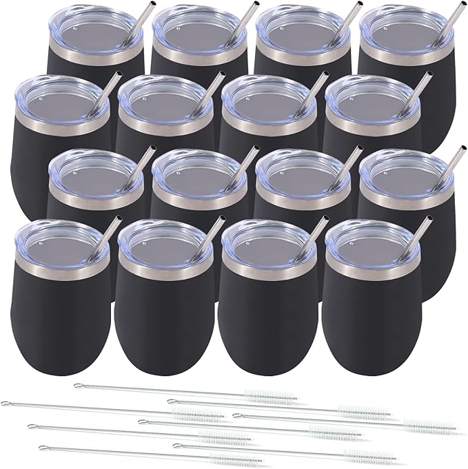 Dongni Stemless Insulated Wine Glass Tumbler,12 oz Stainless Steel Stemless Wine Glass Keeps Beverages Cold for 6 Hours, Hot for 3 Hours Non-Slip, Easy-Grip Insulated Cup(Black 16pack)