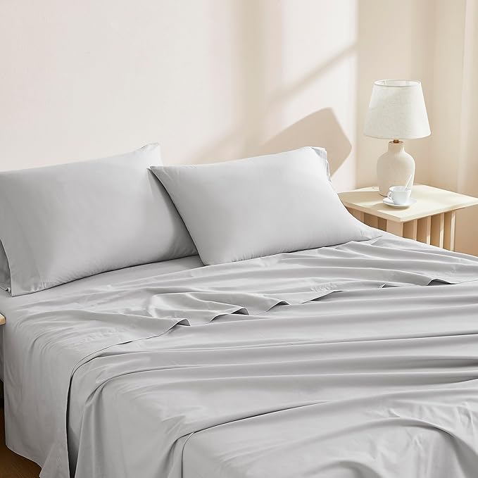 Linen Closet Light Grey Organic 100% Cotton Full Bed Sheets – Ultra Light, Breathable, Cool & Crisp – Wicks Away Moisture,Deep Pocket, Fully Elasticized – 4 Piece Sheet Set, Fits up to 18” Mattress