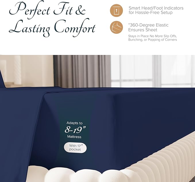 Carressa Linen 100% Egyptian Cotton Sheets Queen Size - 1500 Thread Count 4 PC Queen Sheet Set Egyptian Cotton, Sateen Luxury Sheets Queen Size, High Thread Count Sheets, 19" Deep Pocket - Navy Blue